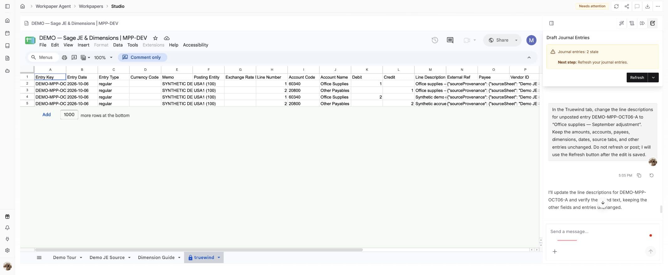 Sage Intacct workflow: Edit the draft, then Refresh
