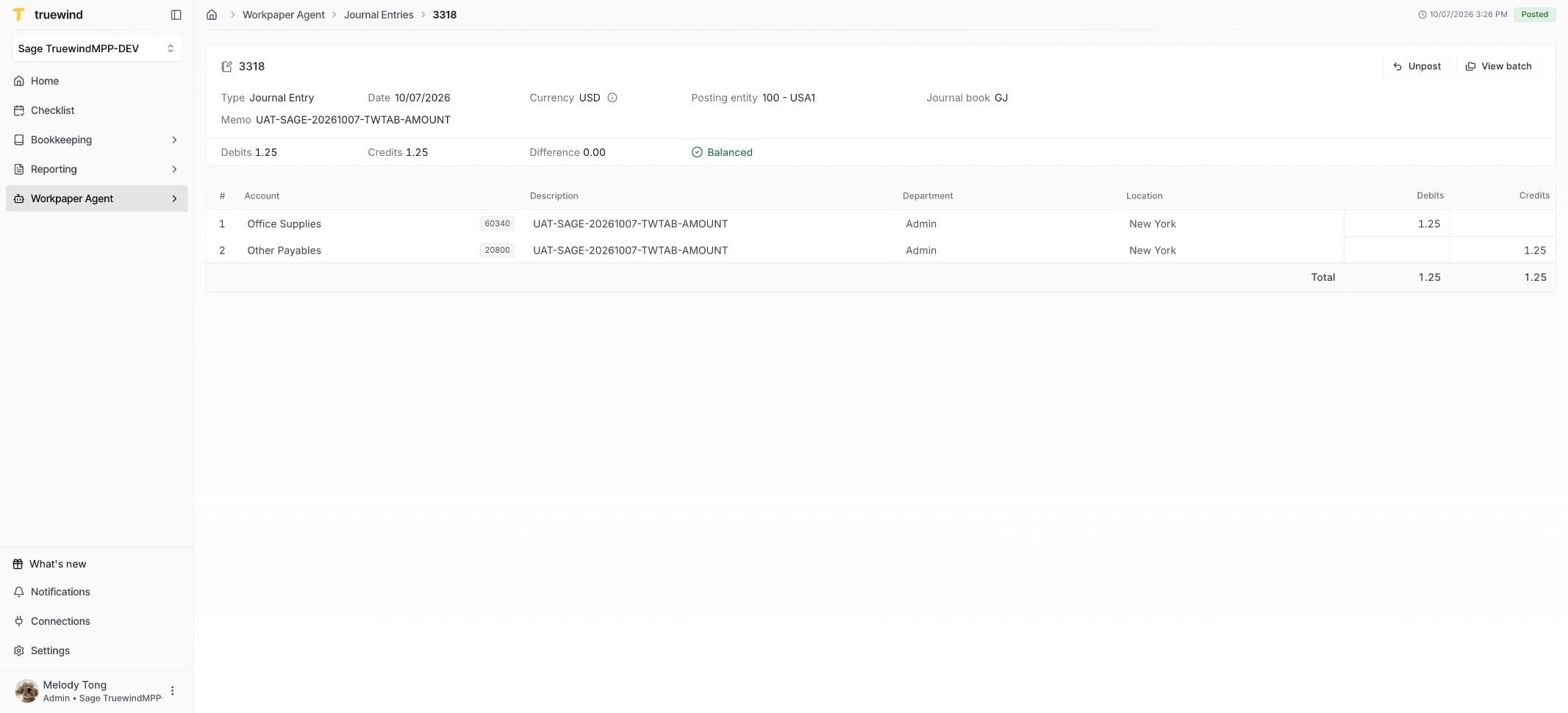 Sage Intacct workflow: Open the saved JE in Truewind
