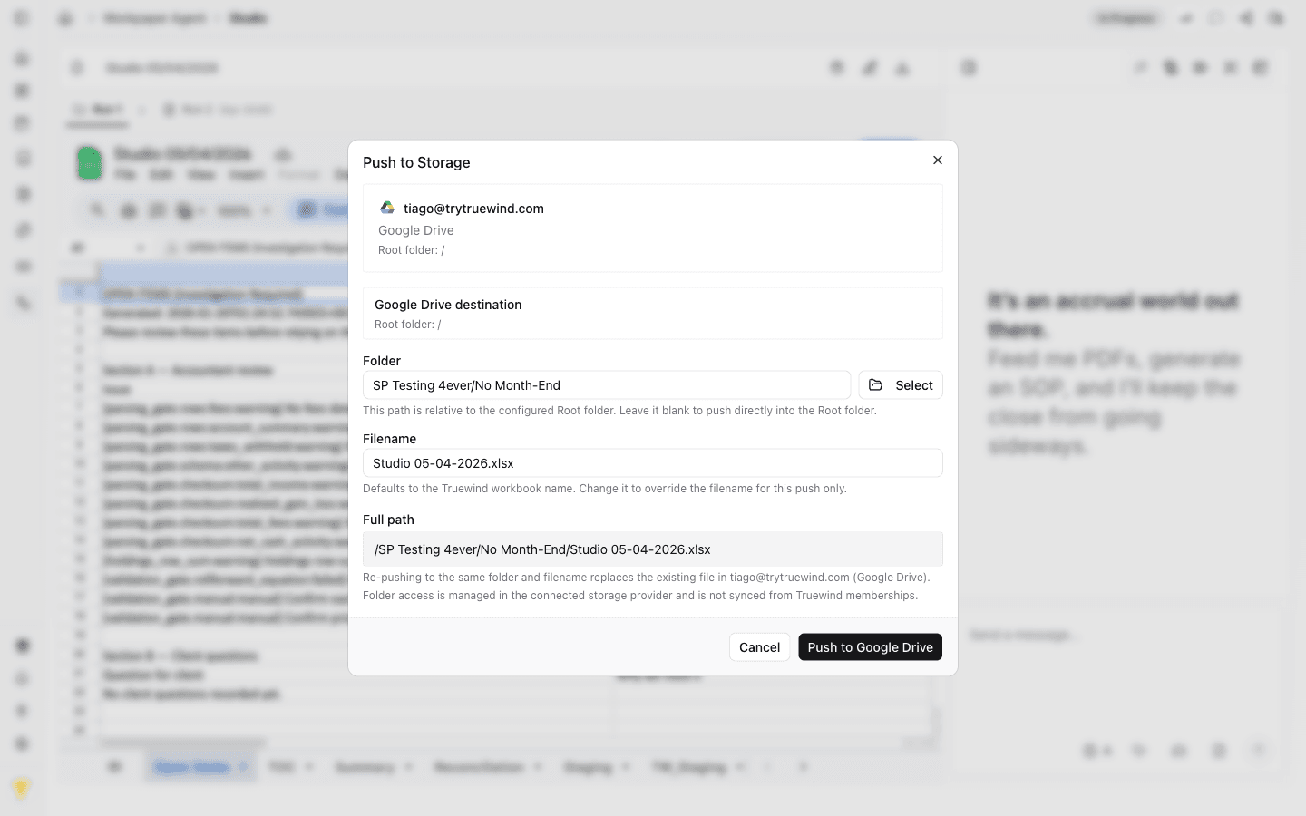 Screenshot showing browse to the exact Google Drive destination folder beneath the saved root before confirming the push