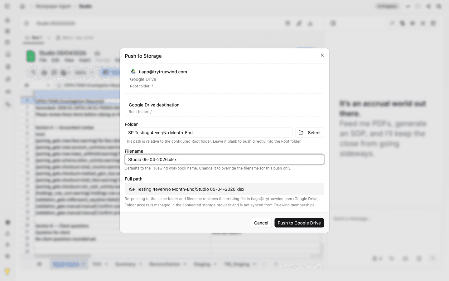 Screenshot showing the output filename and Push to Google Drive action