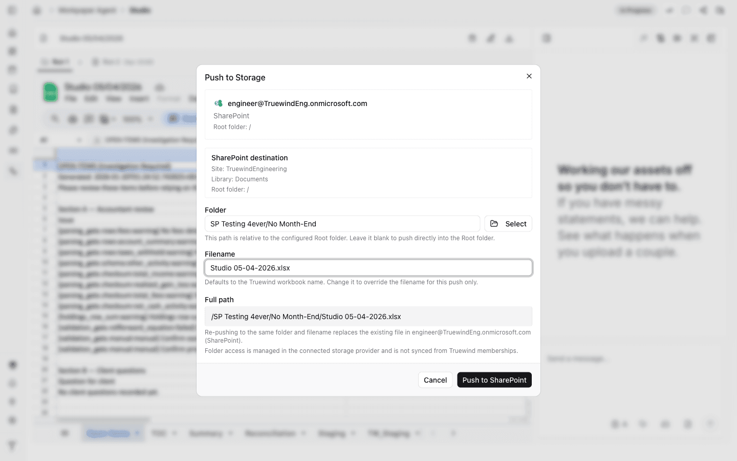 Screenshot showing the output filename and Push to SharePoint action