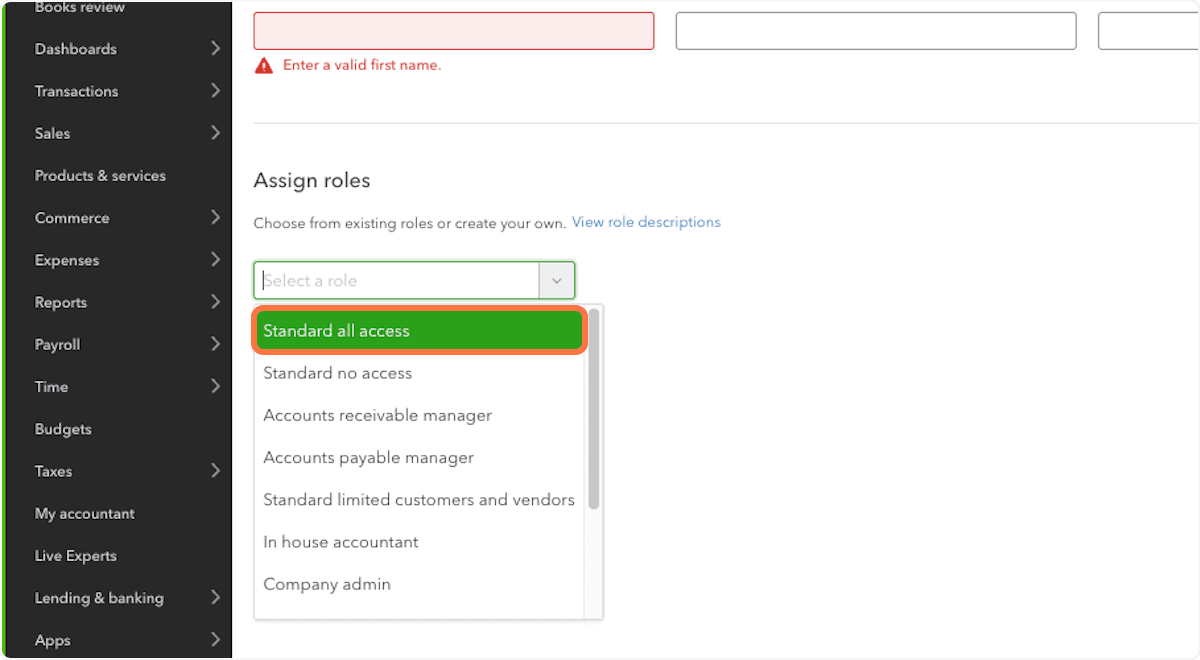 Screenshot showing Click Standard all access