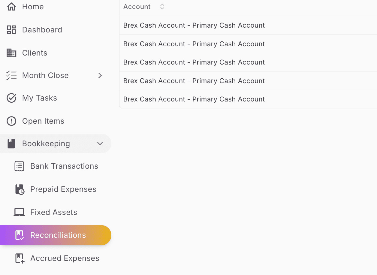 Screenshot showing Open Truewind Menu Bar -> Open Bookkeeping -> Reconciliations