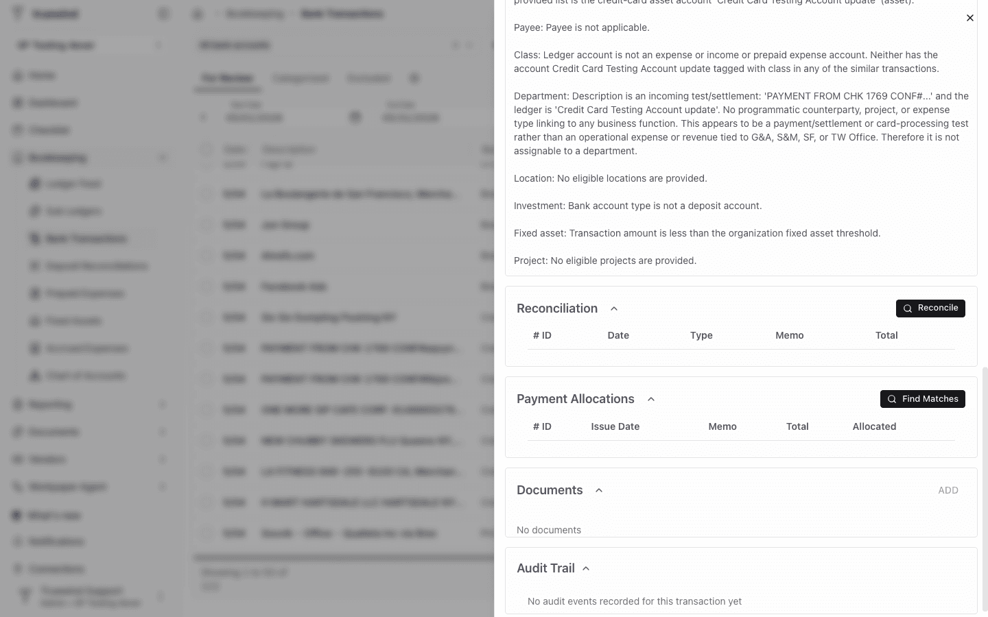 Screenshot showing the Reconciliation card in the transaction detail panel.