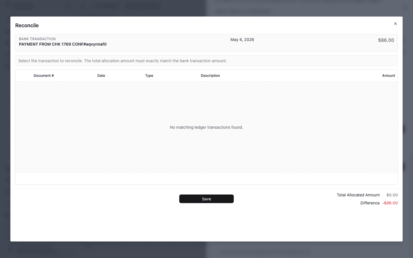 Screenshot showing the Reconcile dialog with the bank transaction summary, ledger match table, and allocation difference.