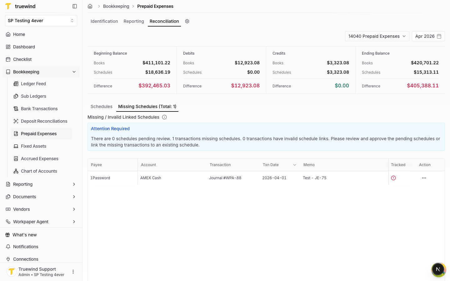 Missing transaction row with payee, account, transaction date, memo, and amount