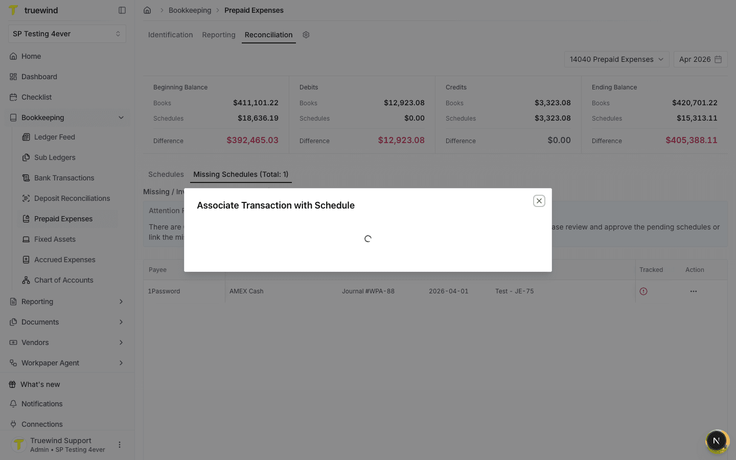 Associate Transaction with Schedule modal opened from the missing transaction