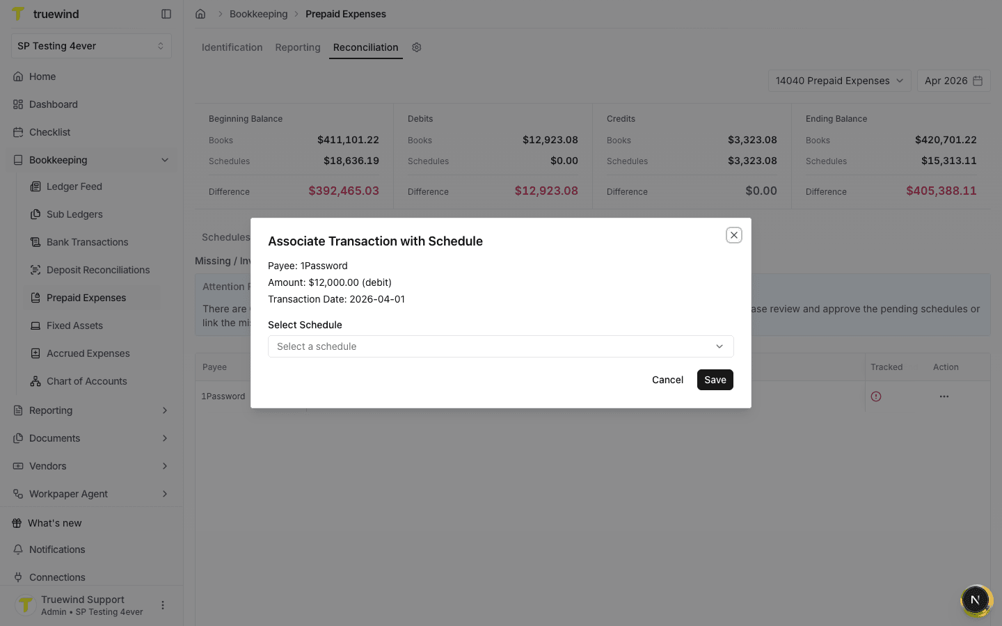 Modal showing payee 1Password, debit amount, transaction date, and schedule selector