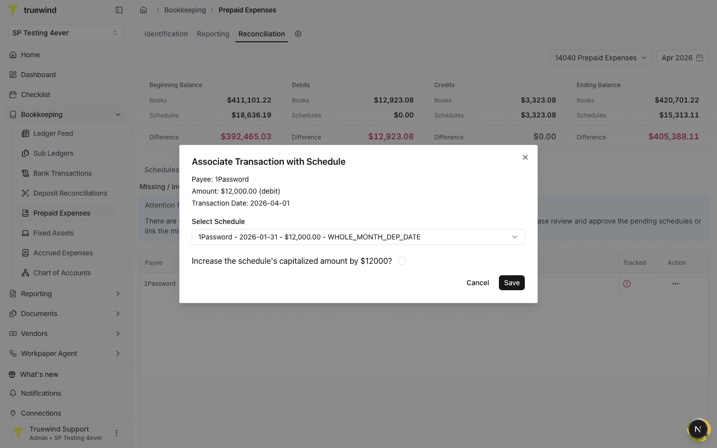 Existing 1Password schedule selected in the association modal