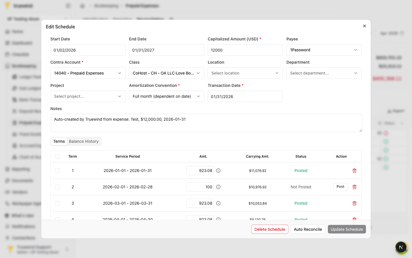 Edit Schedule modal showing schedule fields and amortization terms