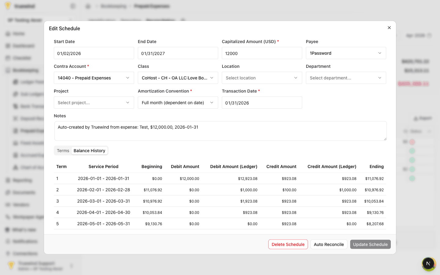 Balance History tab showing debit, credit, ledger, and ending balances by term