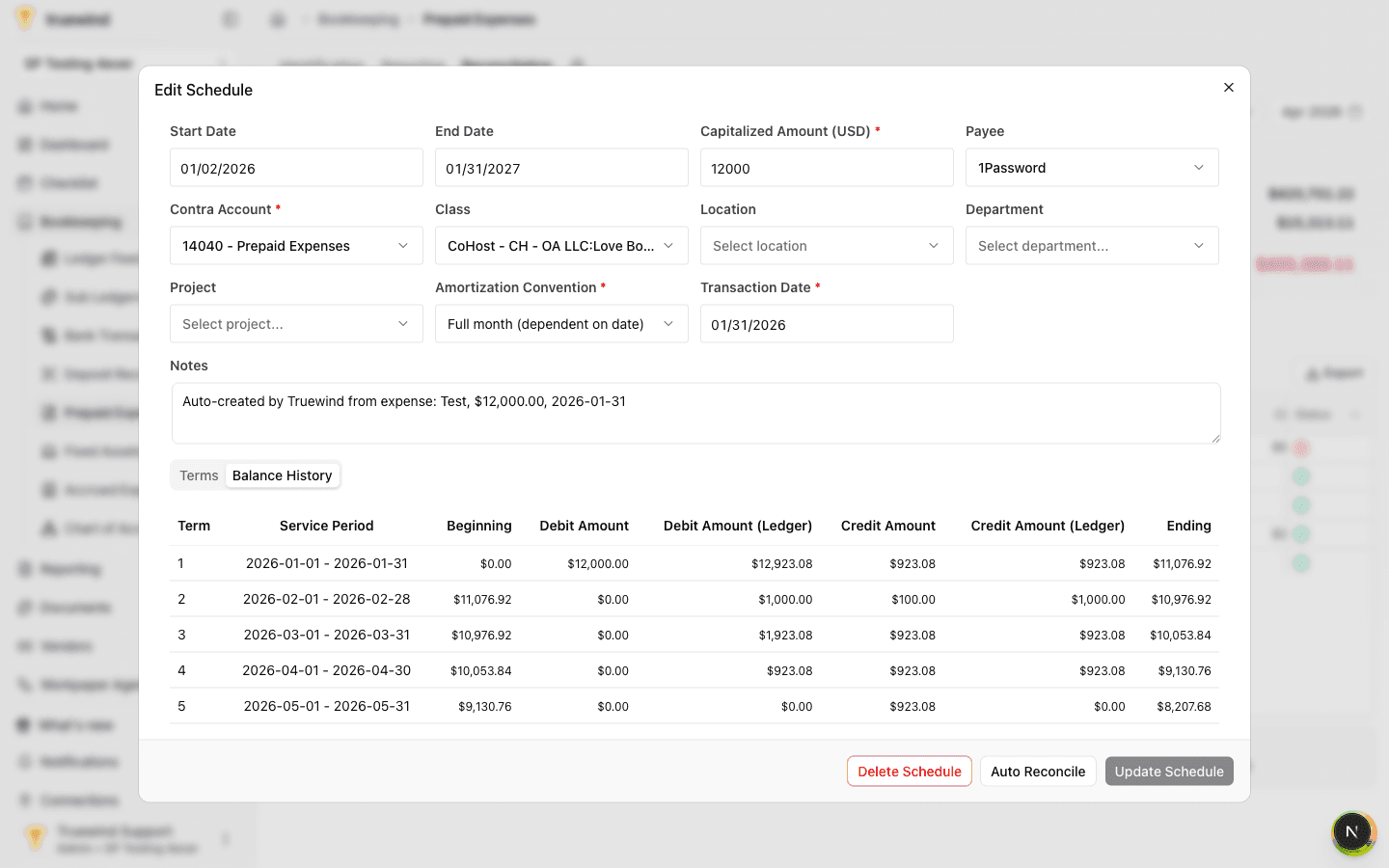 Balance History table with Debit Amount (Ledger) and Credit Amount (Ledger) columns