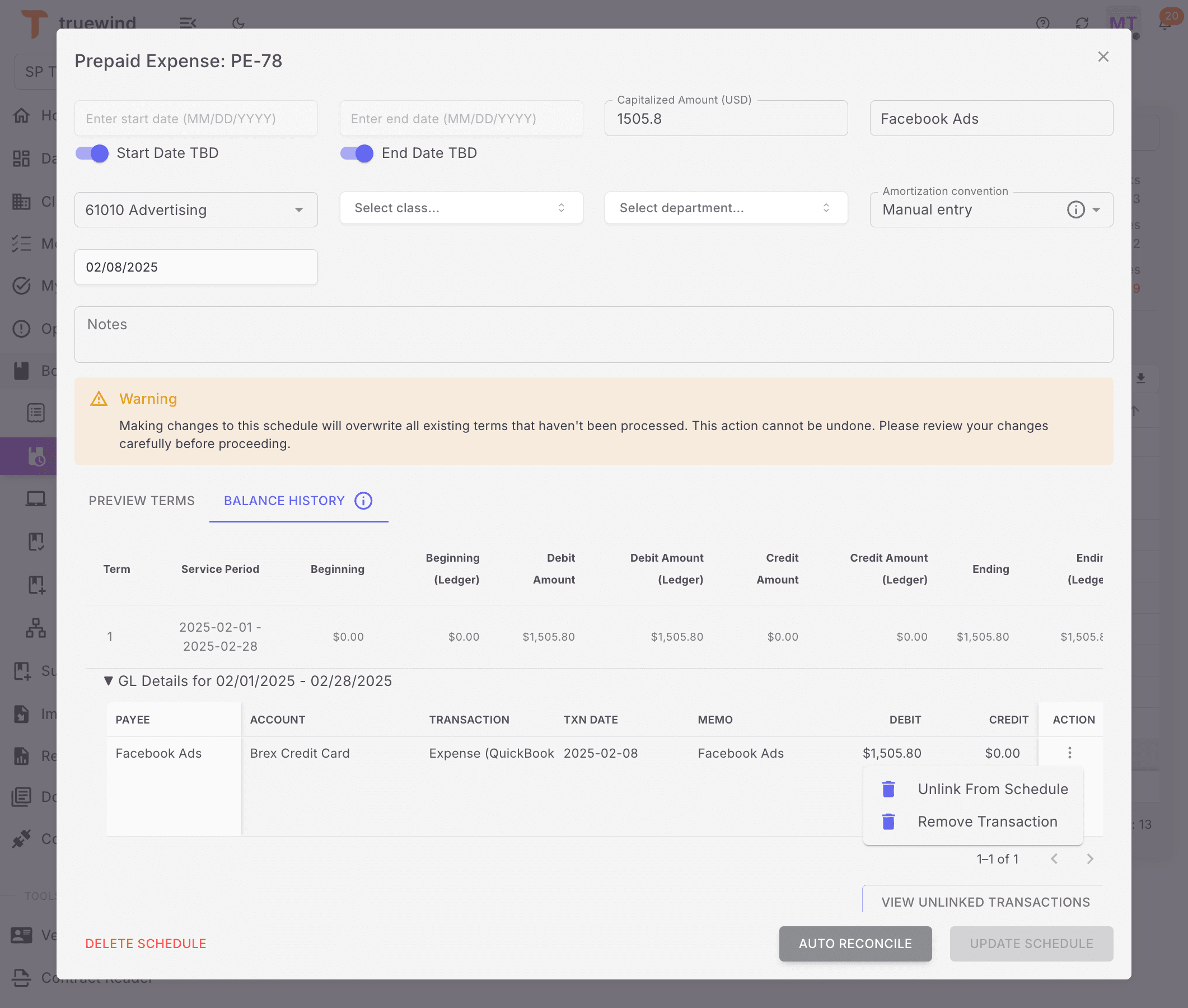 Screenshot showing Review GL details for the term