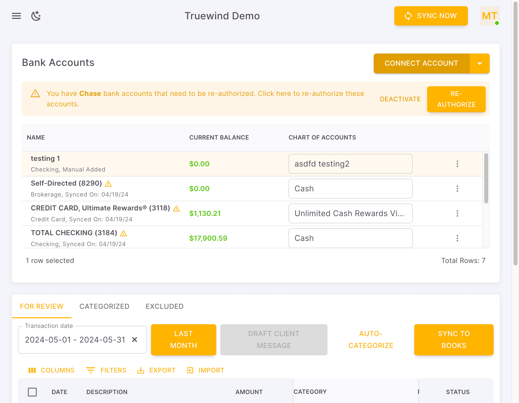 Screenshot showing The bank account is removed in transaction page. If you want to reconnect this removed bank account, click on CONNECT ACCOUNT