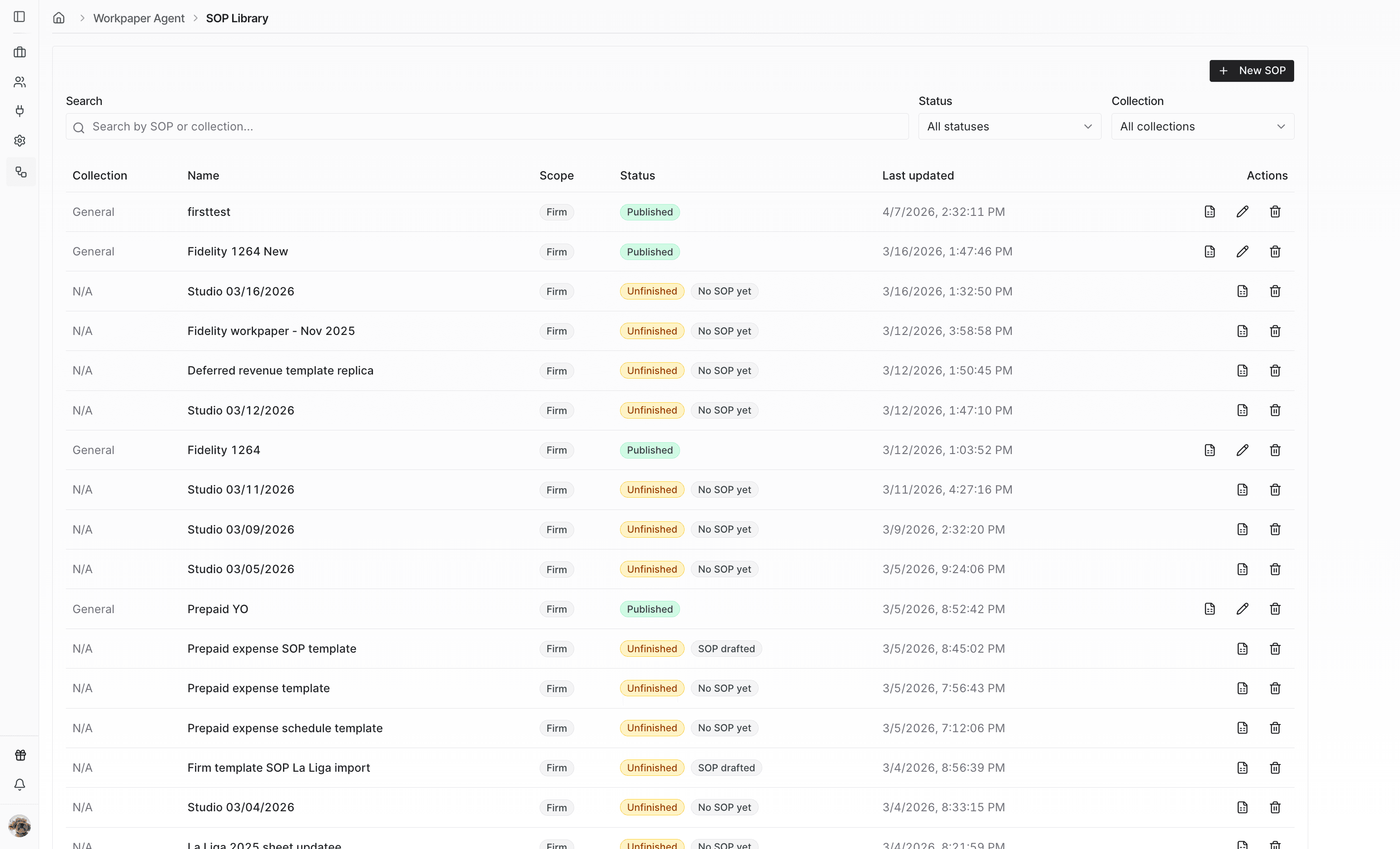 Screenshot showing the New SOP action.