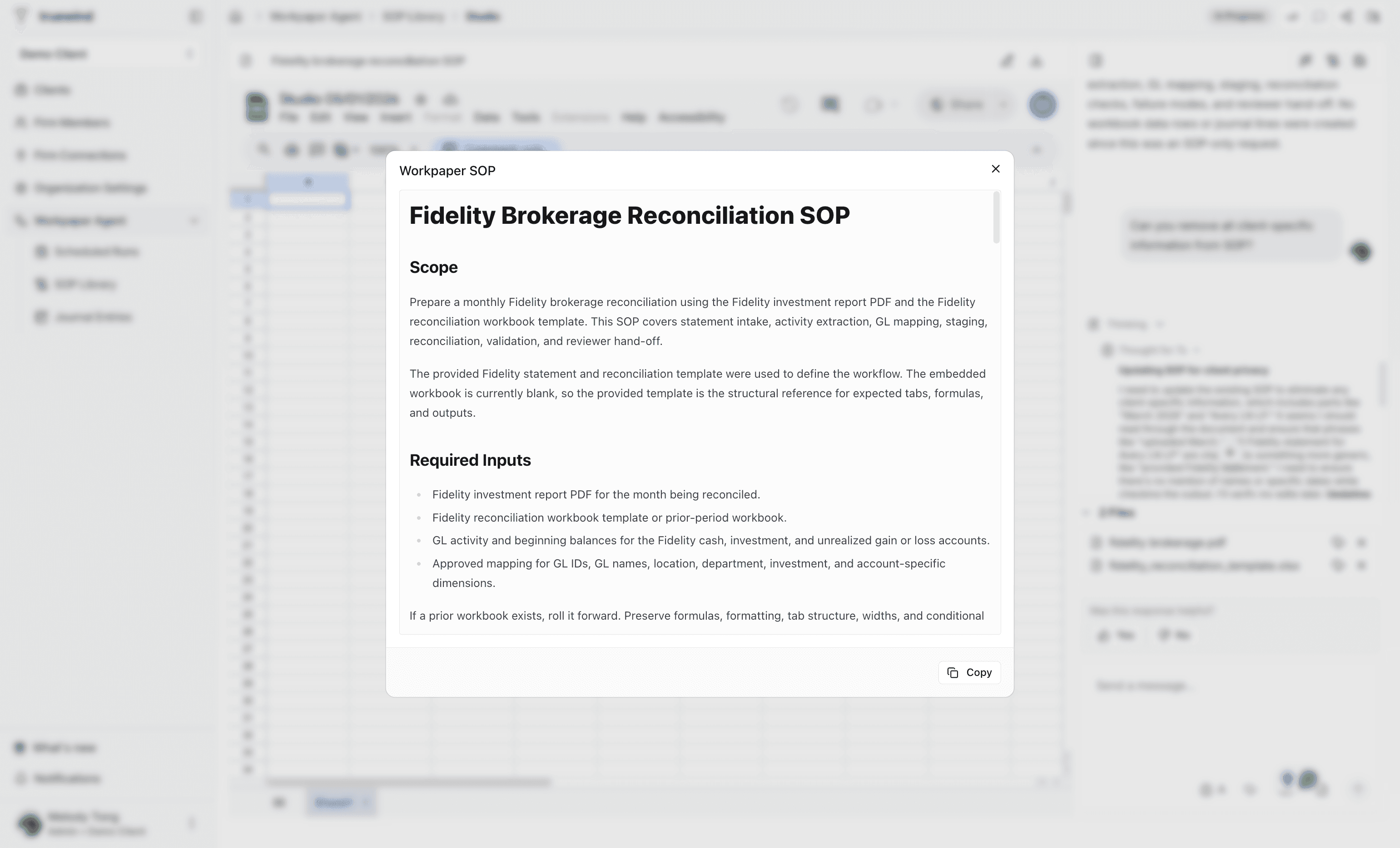 Screenshot showing the Workpaper SOP view.