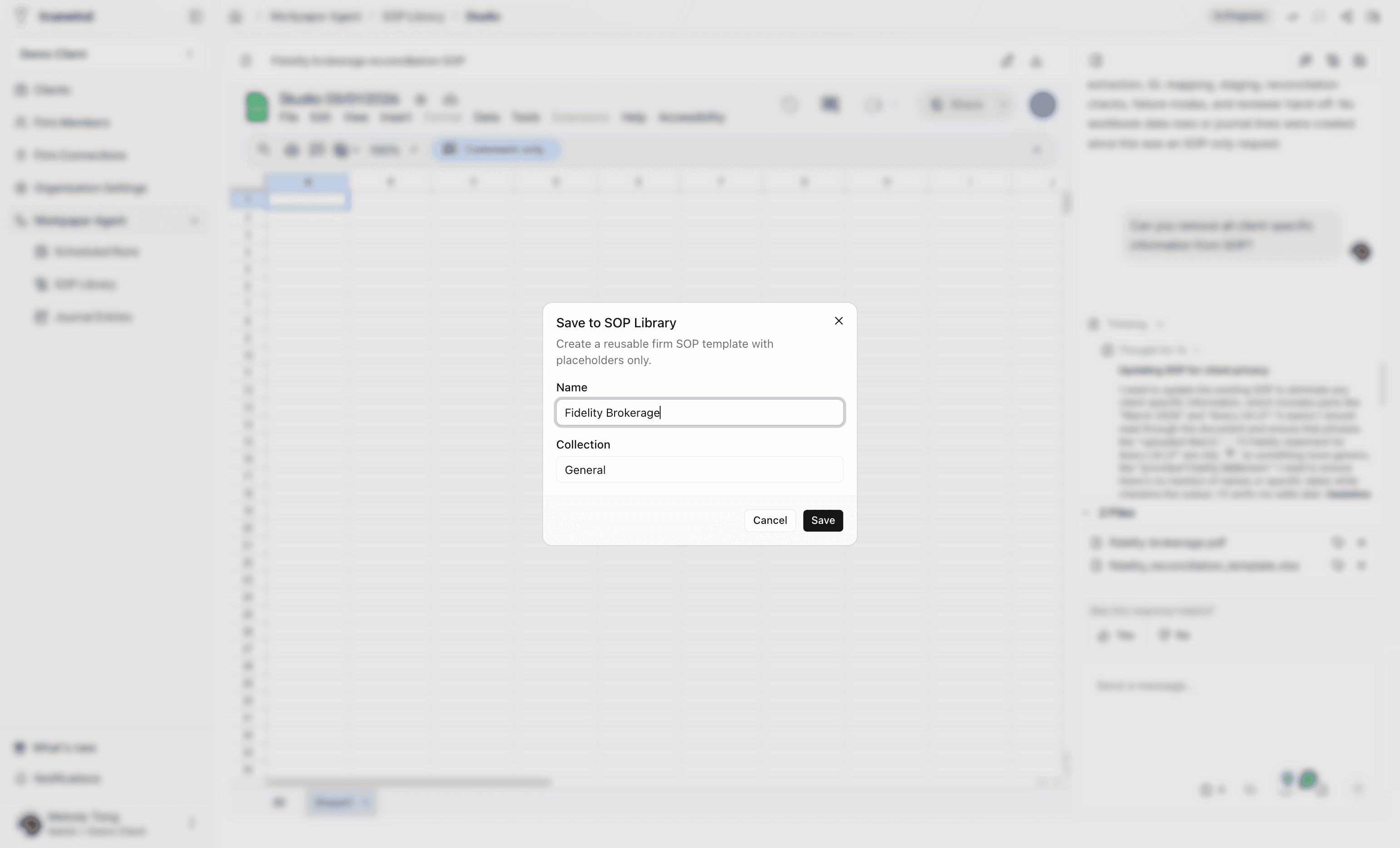 Screenshot showing the SOP name and collection fields.
