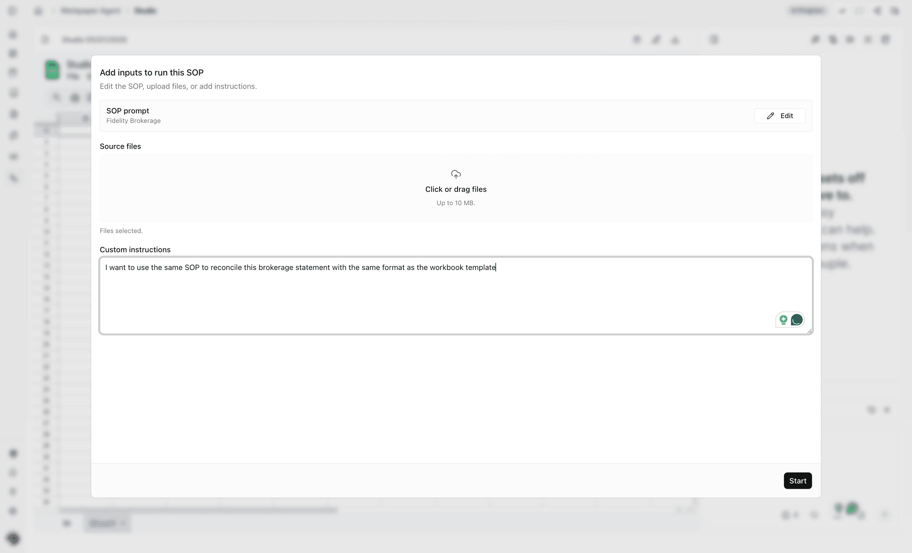 Screenshot showing custom instructions for the Studio run.