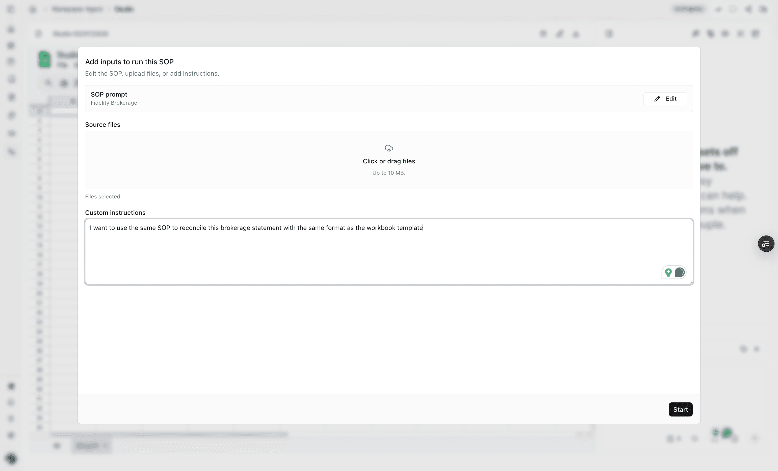 Screenshot showing the Start action.