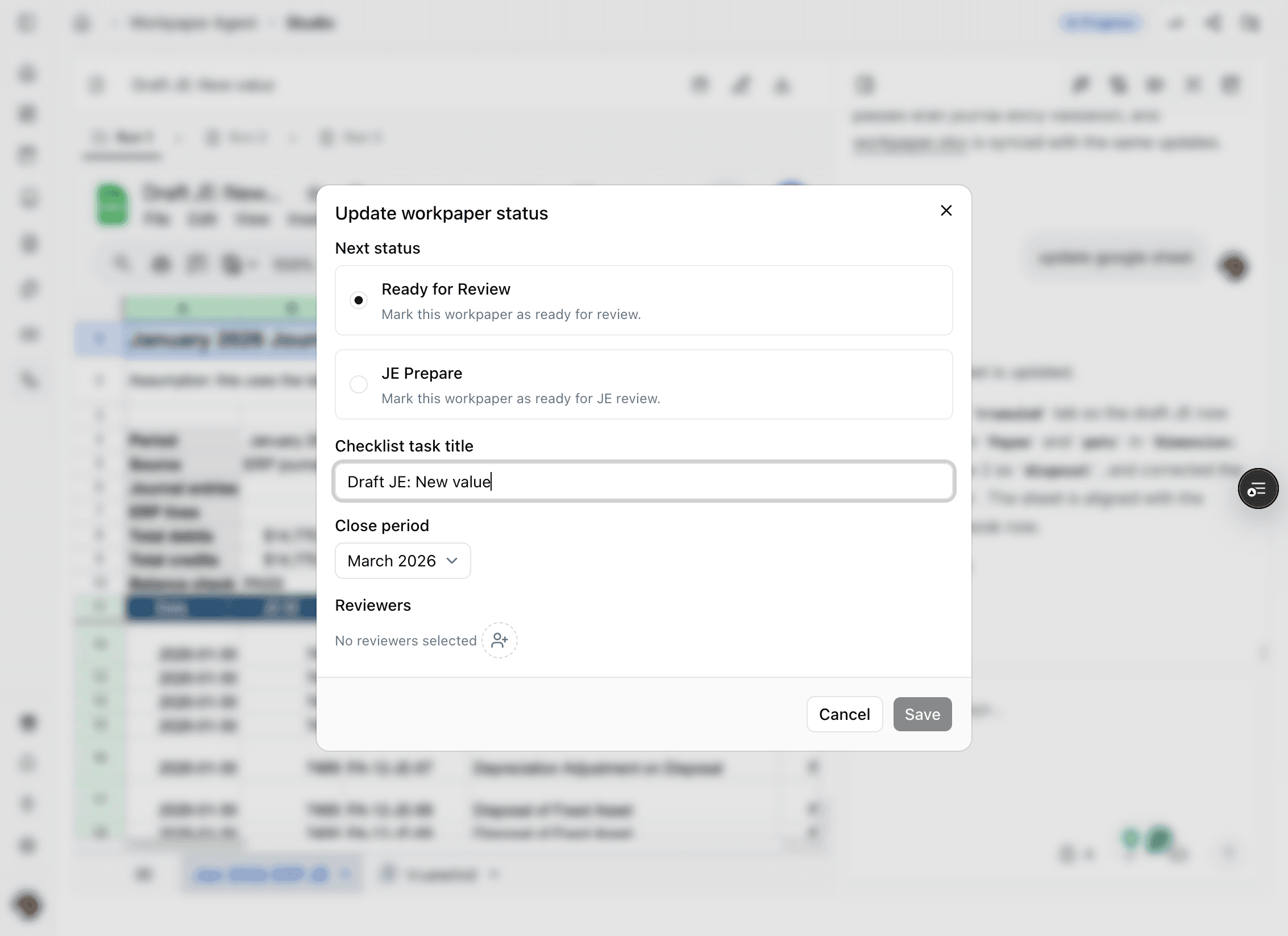 Screenshot showing the review action options in Workpaper Agent