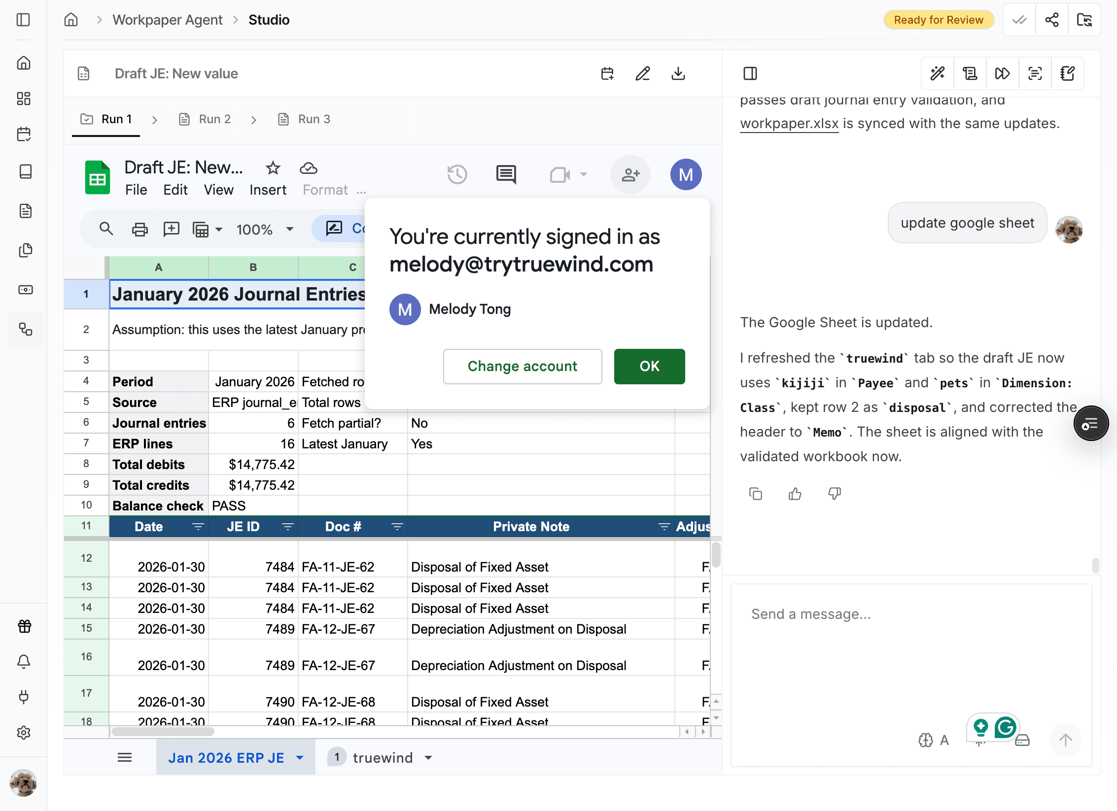 Screenshot showing the Ready for Review status in Workpaper Agent