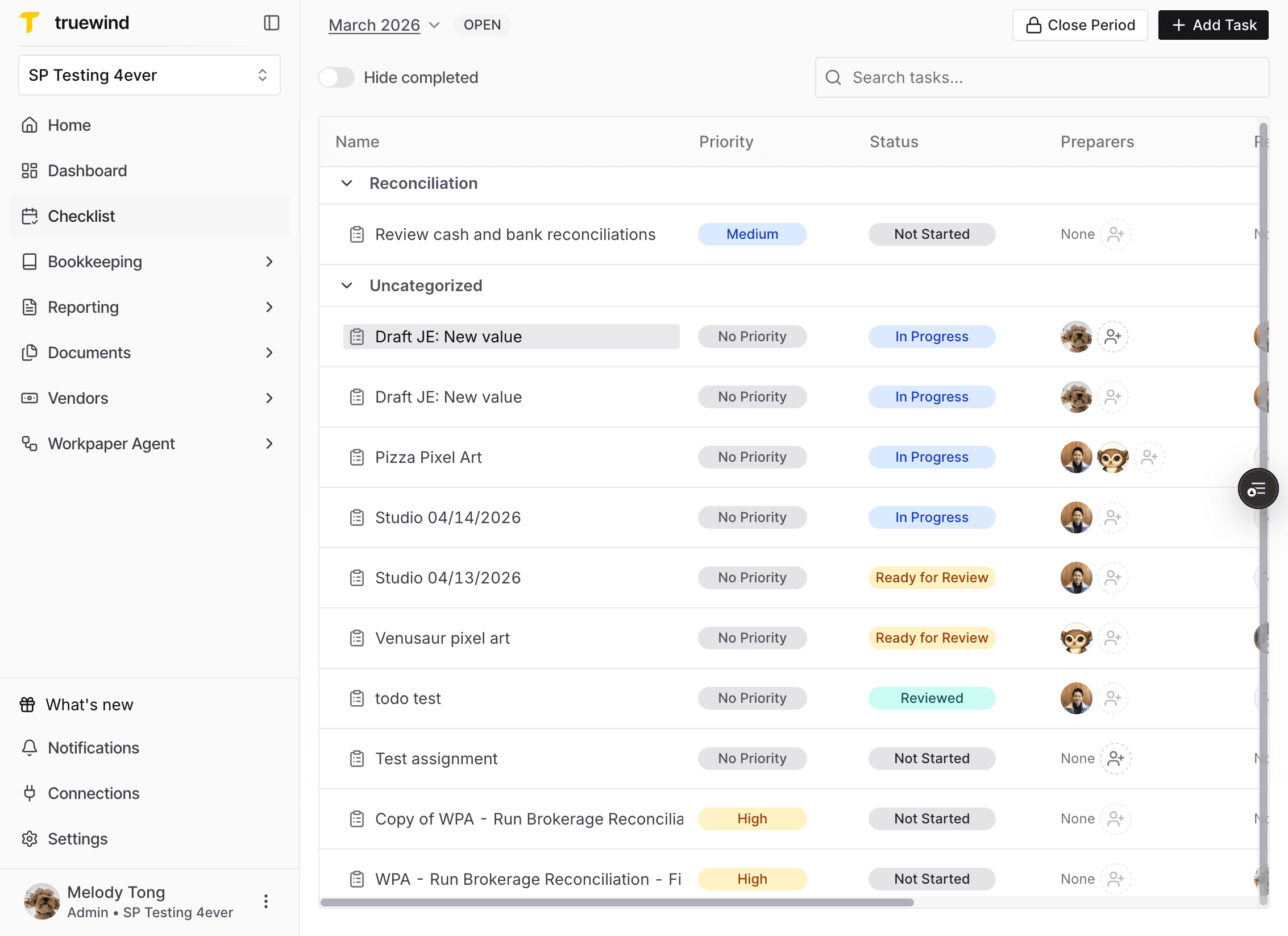 Screenshot showing the selected close period and draft entry