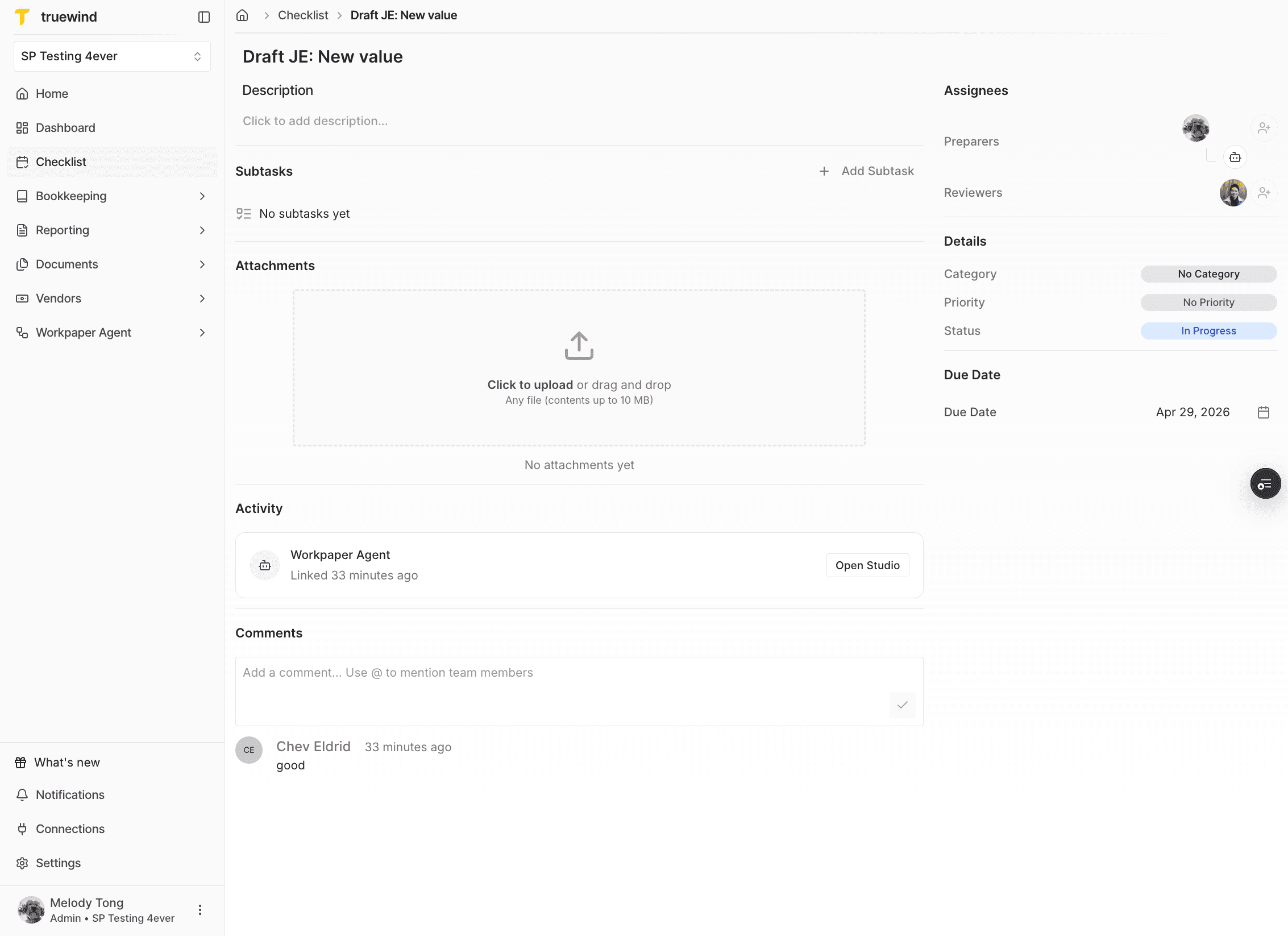 Screenshot showing a reviewer comment on the checklist task
