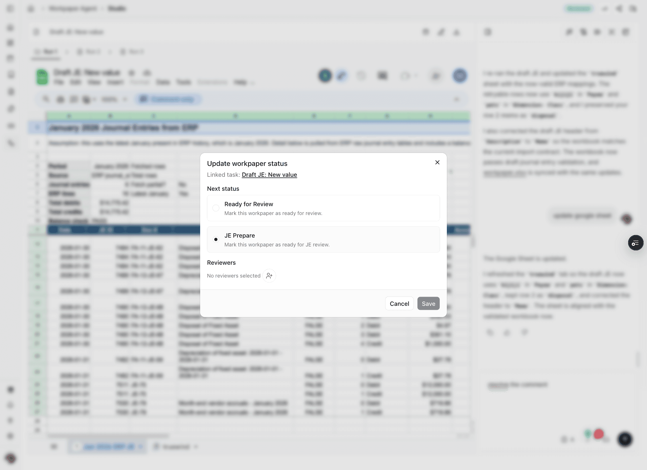 Screenshot showing the JE Prepare approval request flow