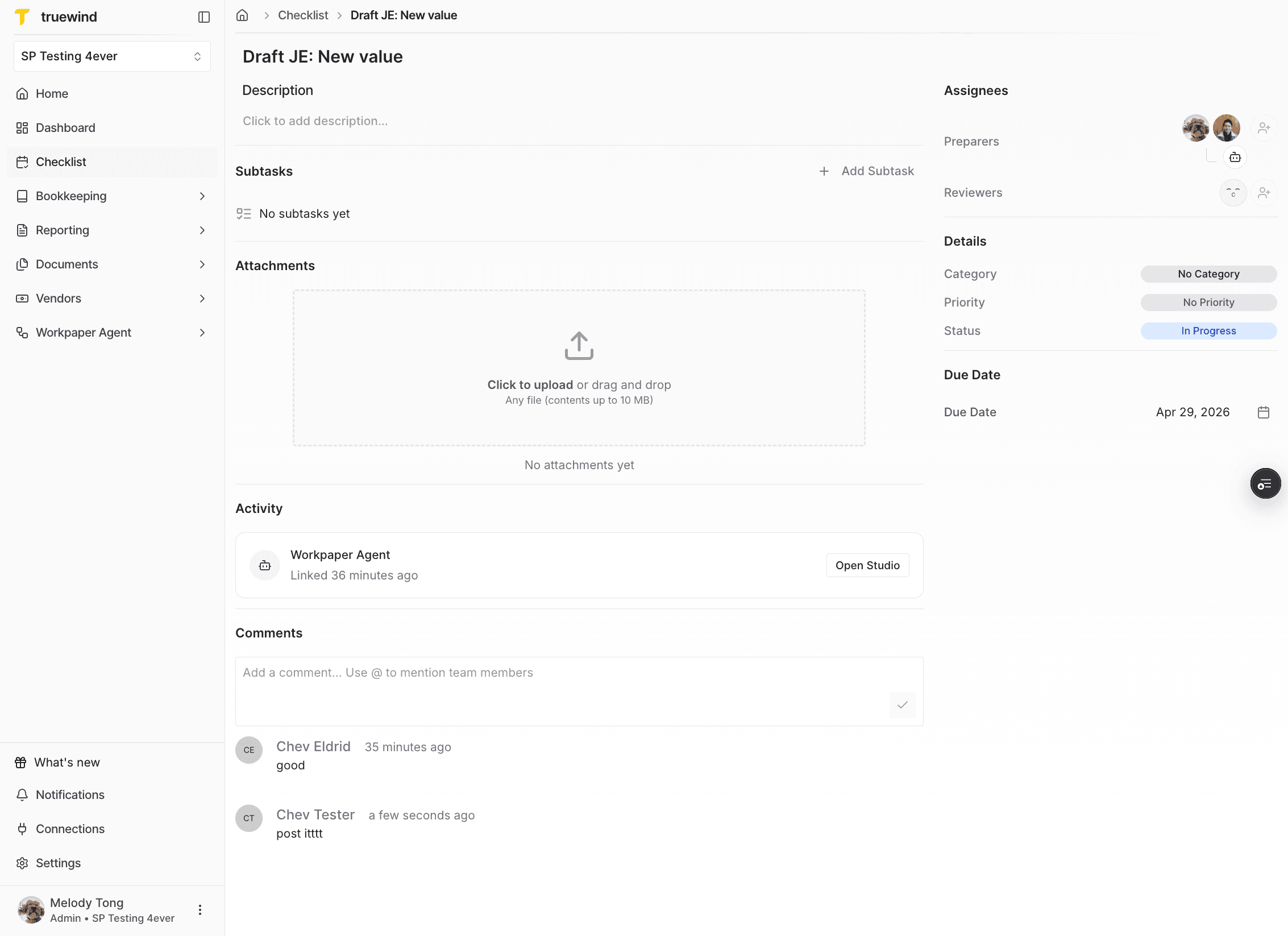 Screenshot showing an approver comment on the checklist task