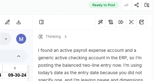 Screenshot showing the Ready to Post status in Workpaper Agent