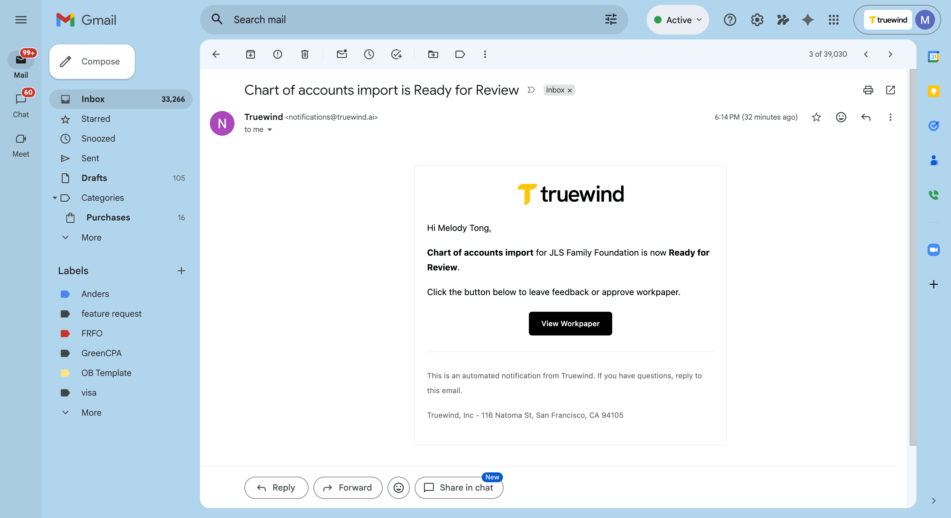 Screenshot showing the View Workpaper link in a review email.