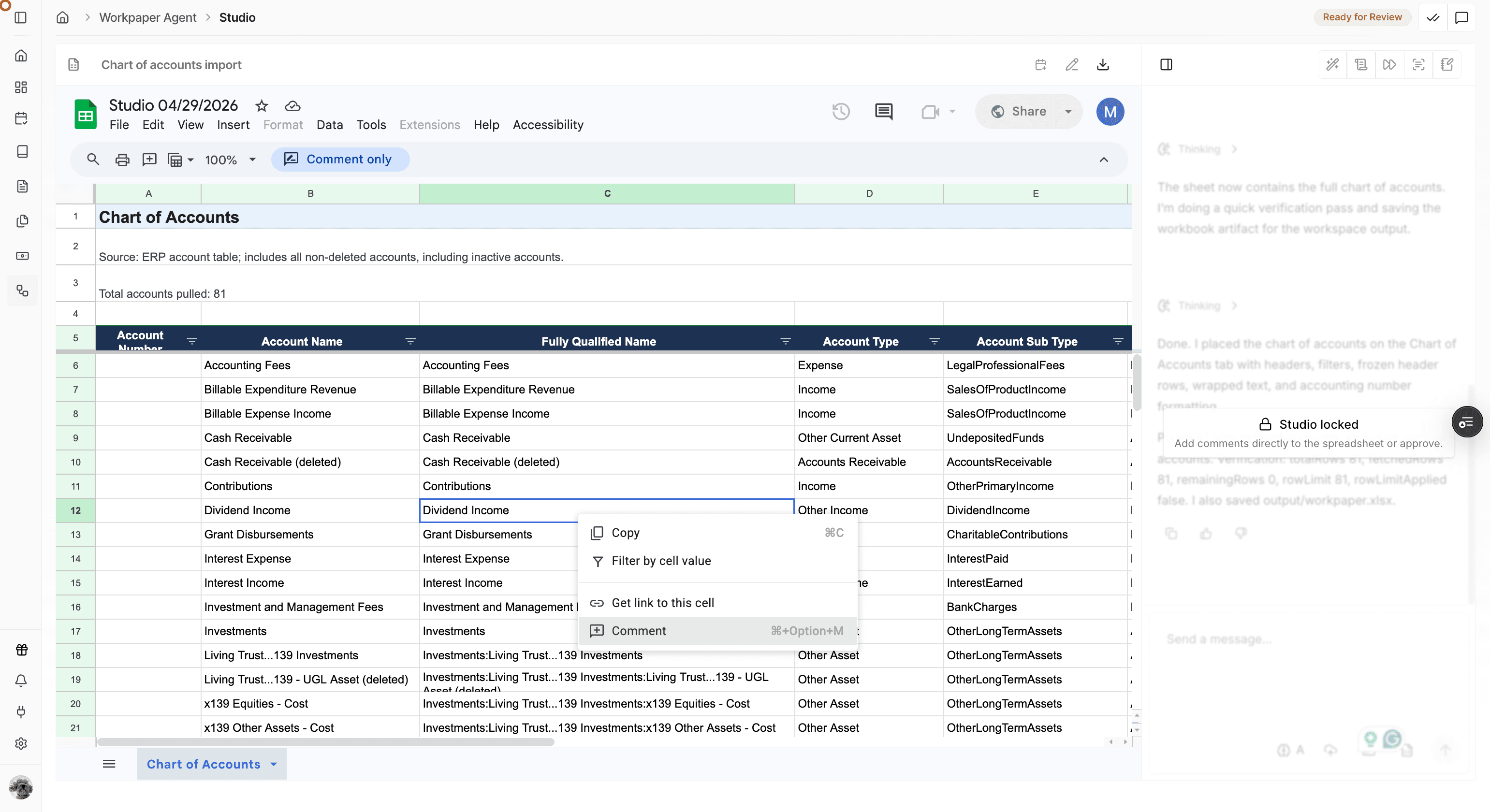 Screenshot showing the cell comment action.