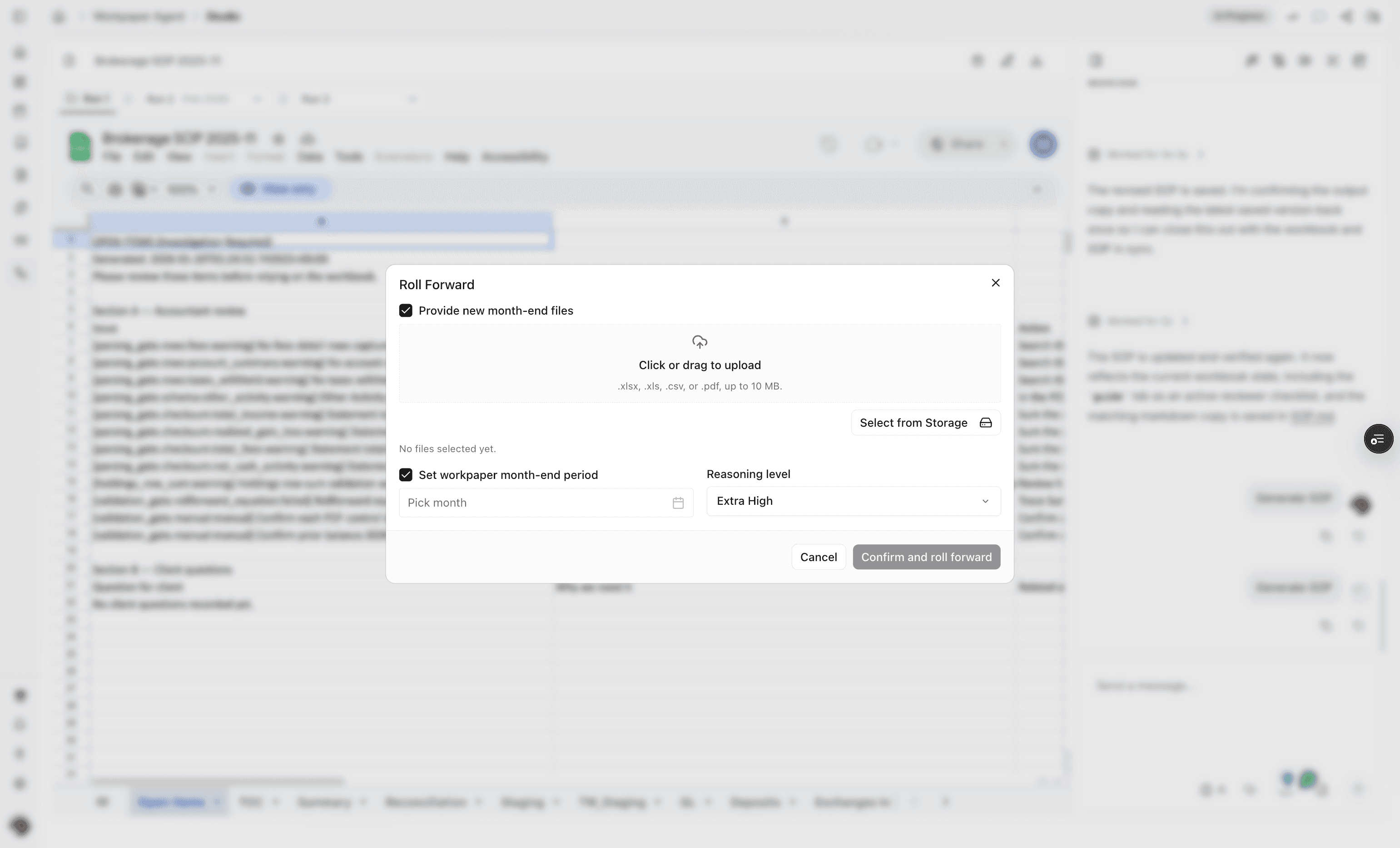 Screenshot showing the roll-forward upload area.
