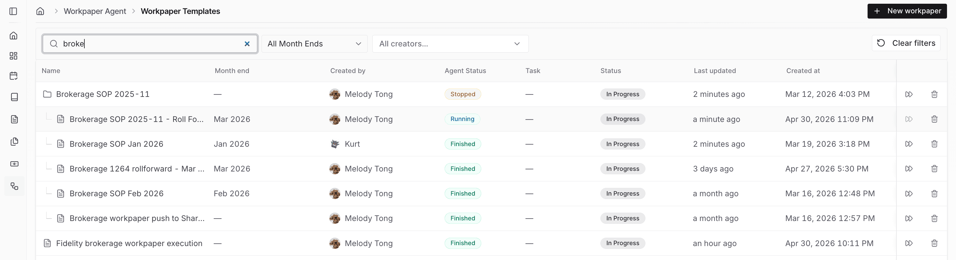 Screenshot showing the roll-forward workbook tree.
