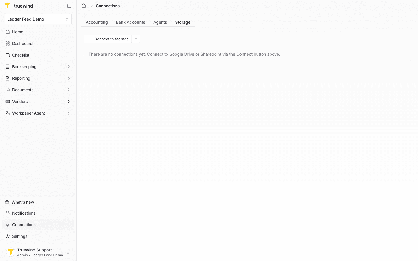 Screenshot showing start from the Truewind app so you can manage the saved storage connections for the current organization