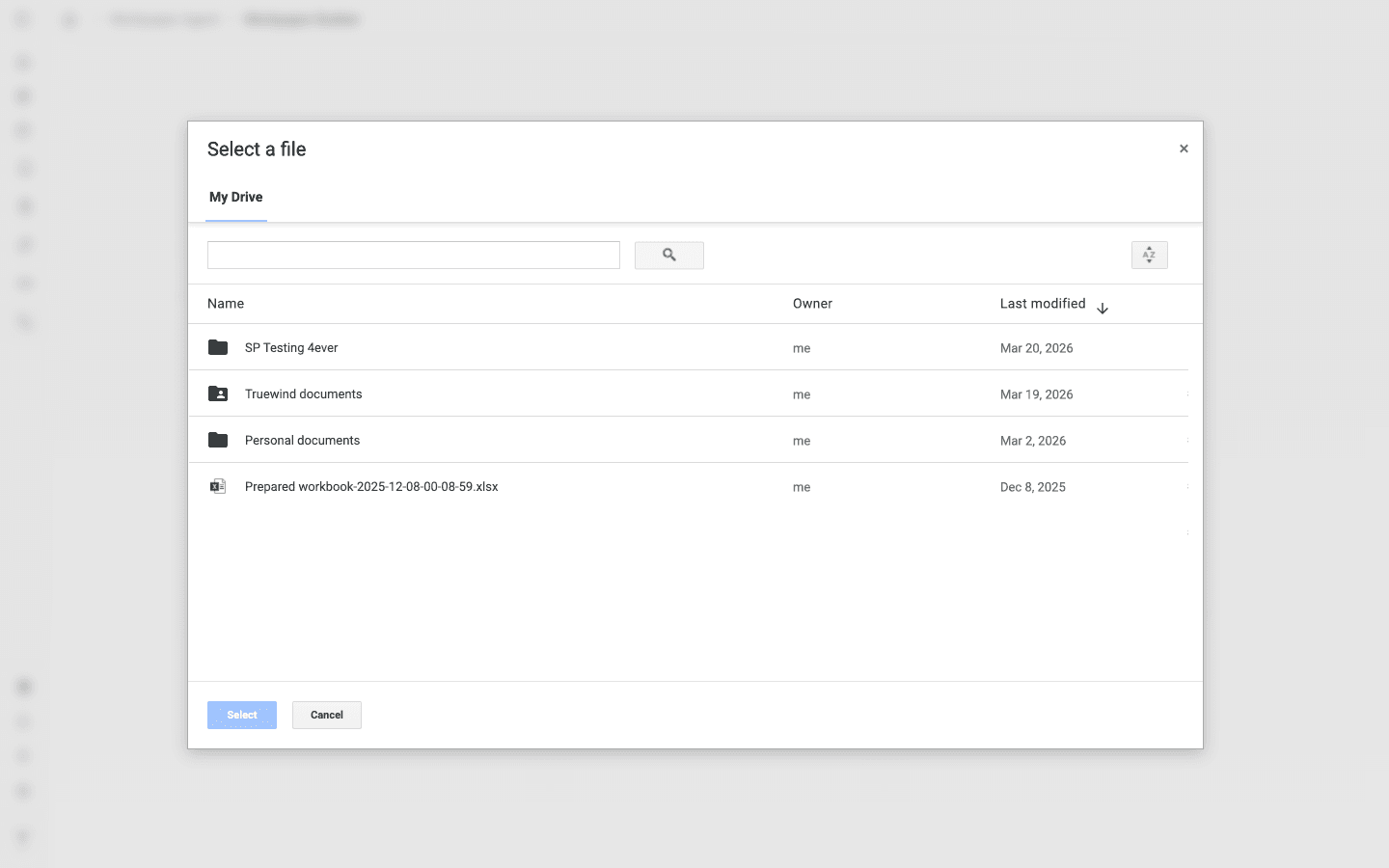 Screenshot showing confirm the selected Google Drive files so Workpaper Agent can use them in the current Studio workflow