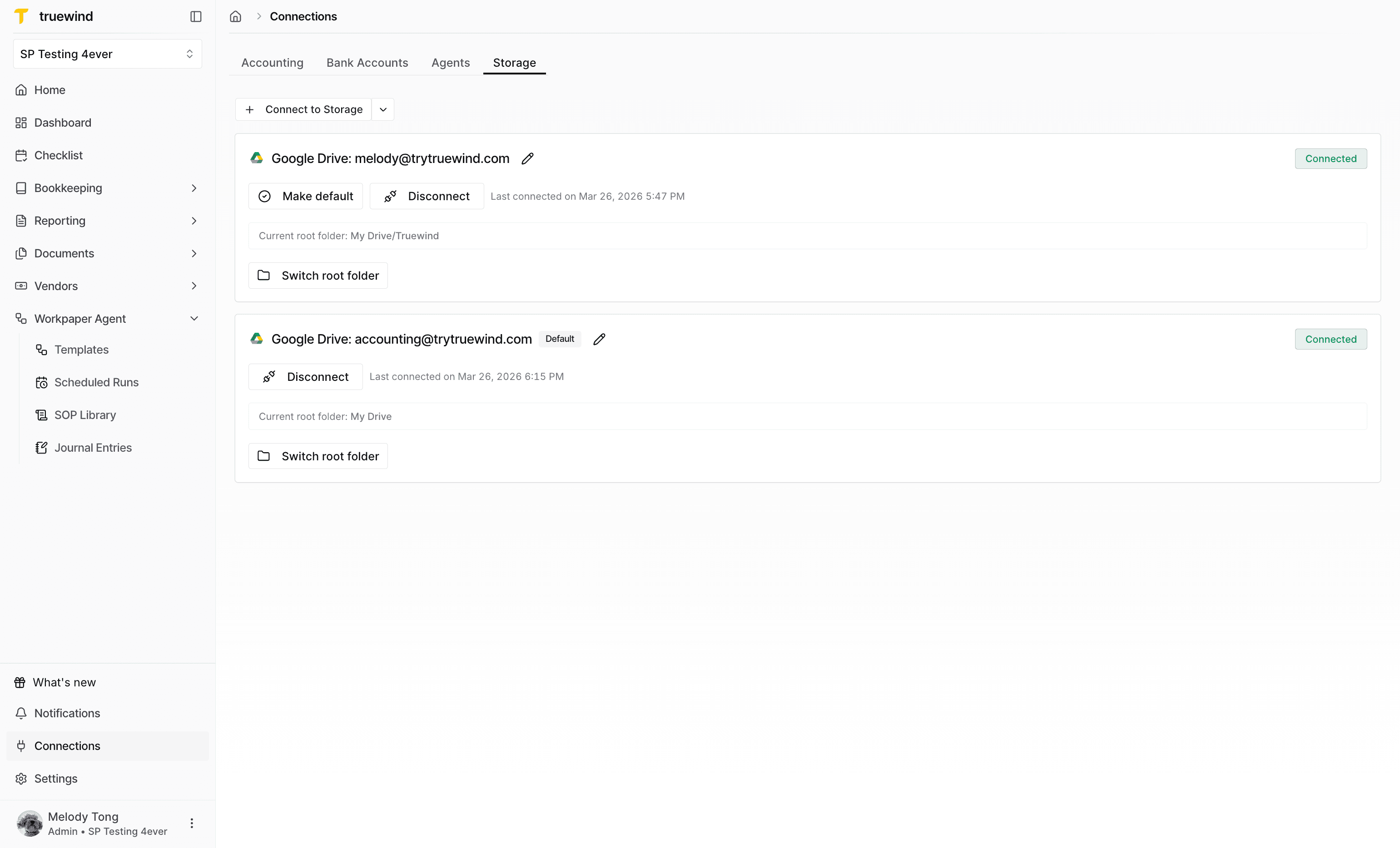 Screenshot showing the Connections item in the Truewind navigation.