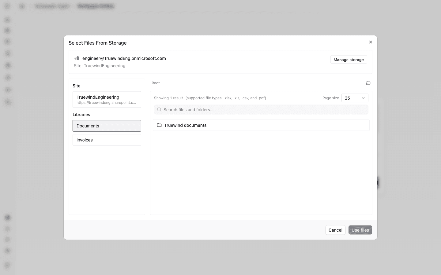 Screenshot showing confirm the selected SharePoint files so Workpaper Agent can use them in the current Studio workflow