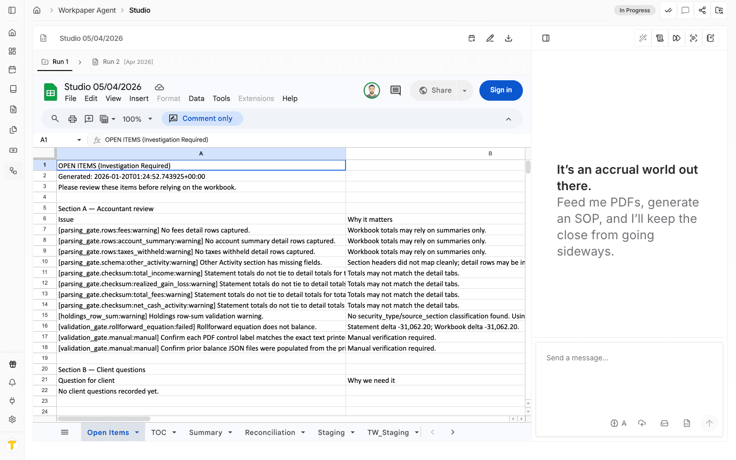 Screenshot showing the target workpaper open in Workpaper Agent Studio