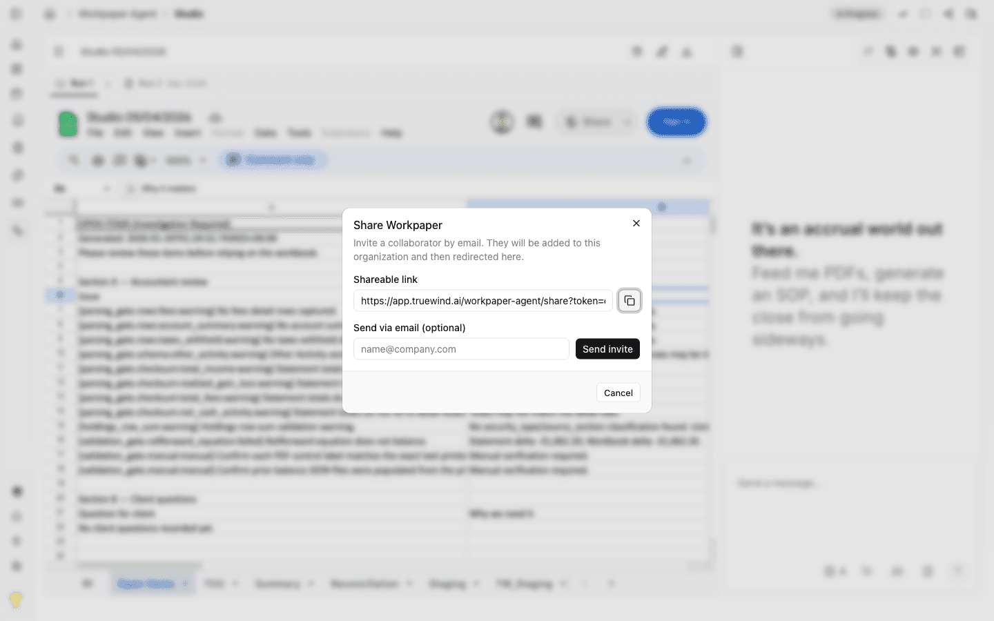 Screenshot showing the copy button for the shareable workpaper link