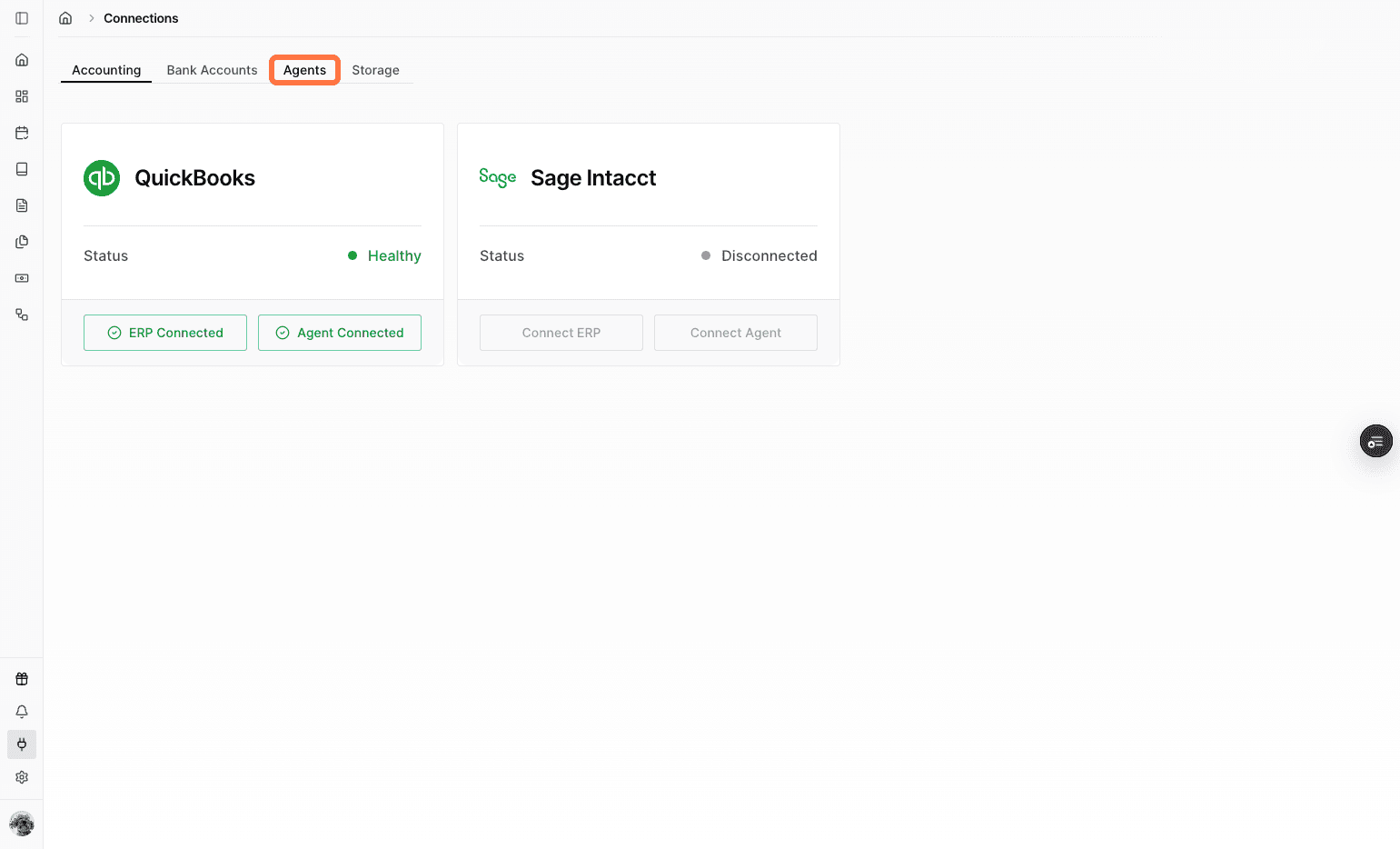 Screenshot showing the Agents option in Connections
