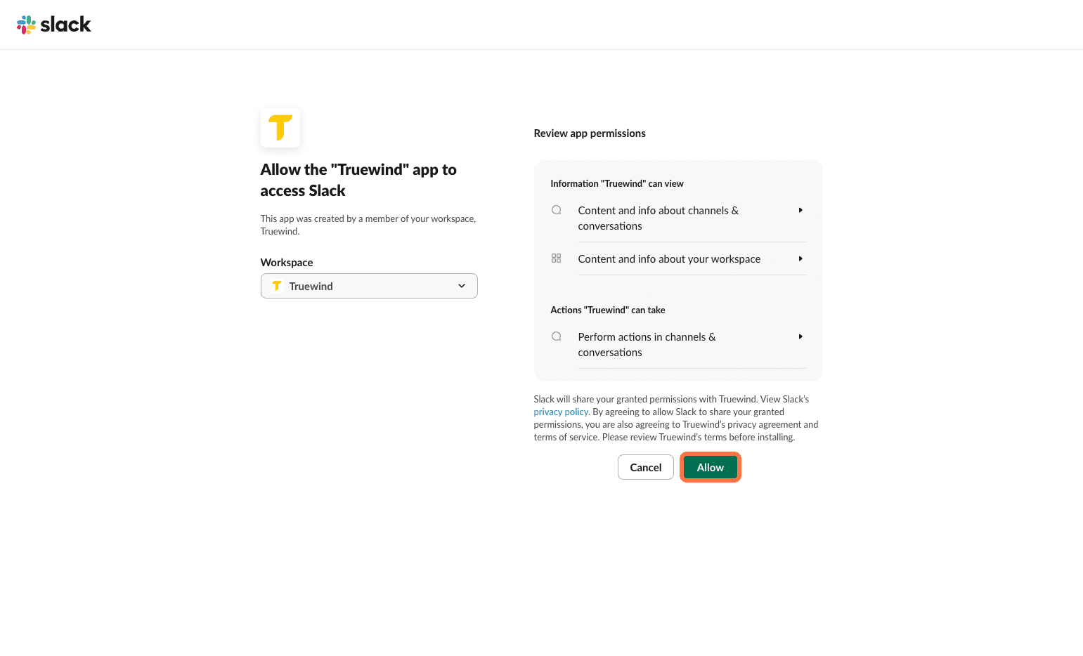 Screenshot showing the Slack authorization Allow button