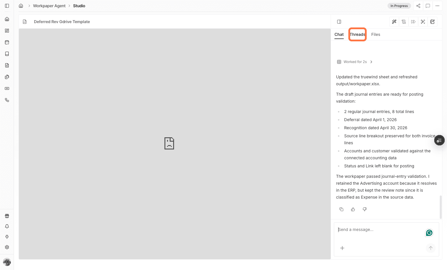 Screenshot showing the Threads tab in Workpaper Agent