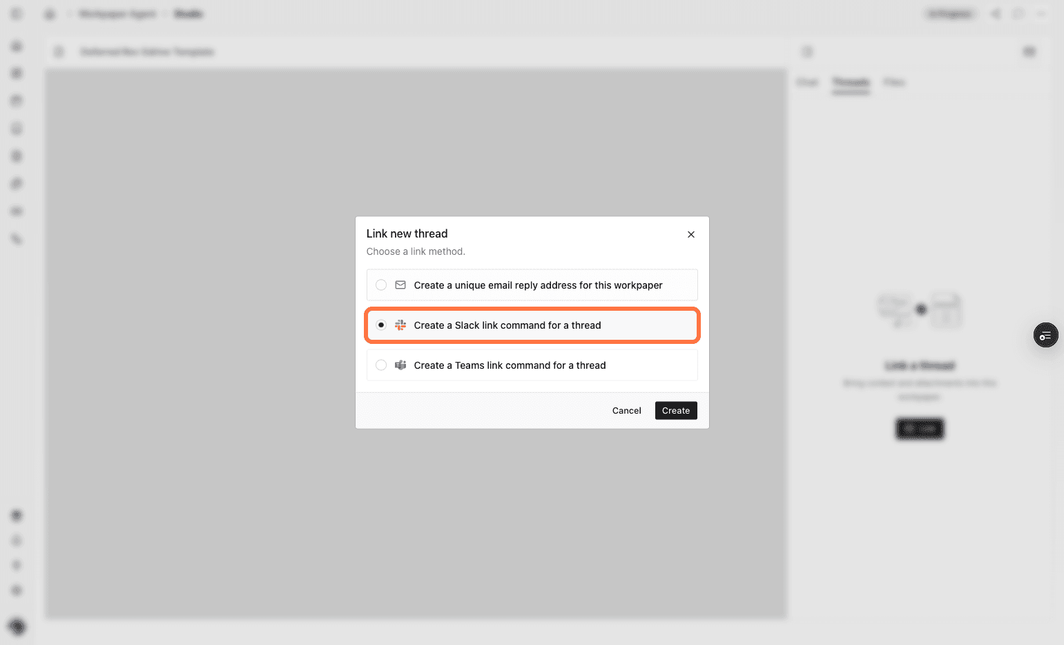 Screenshot showing the Create a Slack link command option