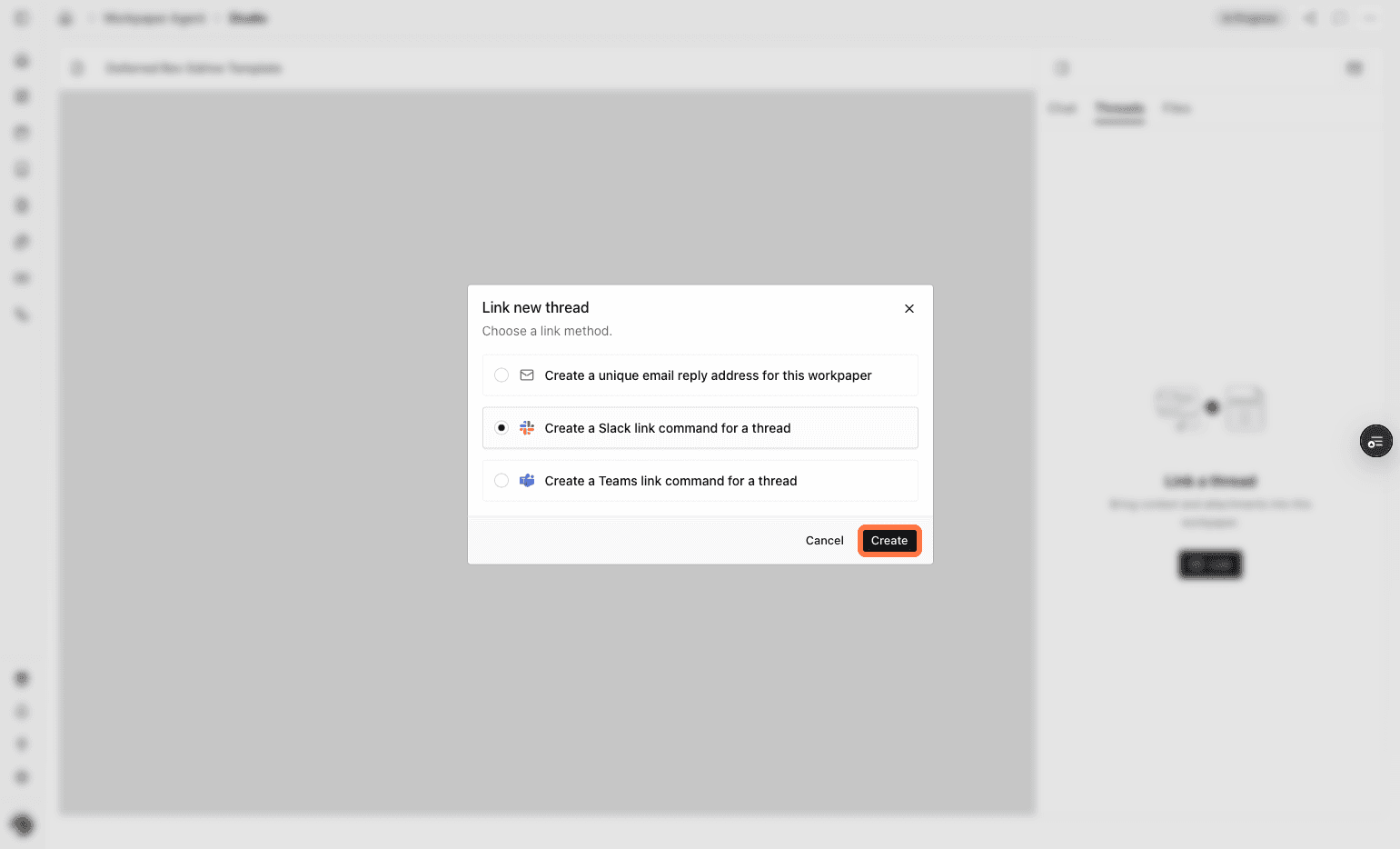 Screenshot showing the Create button for the Slack link command
