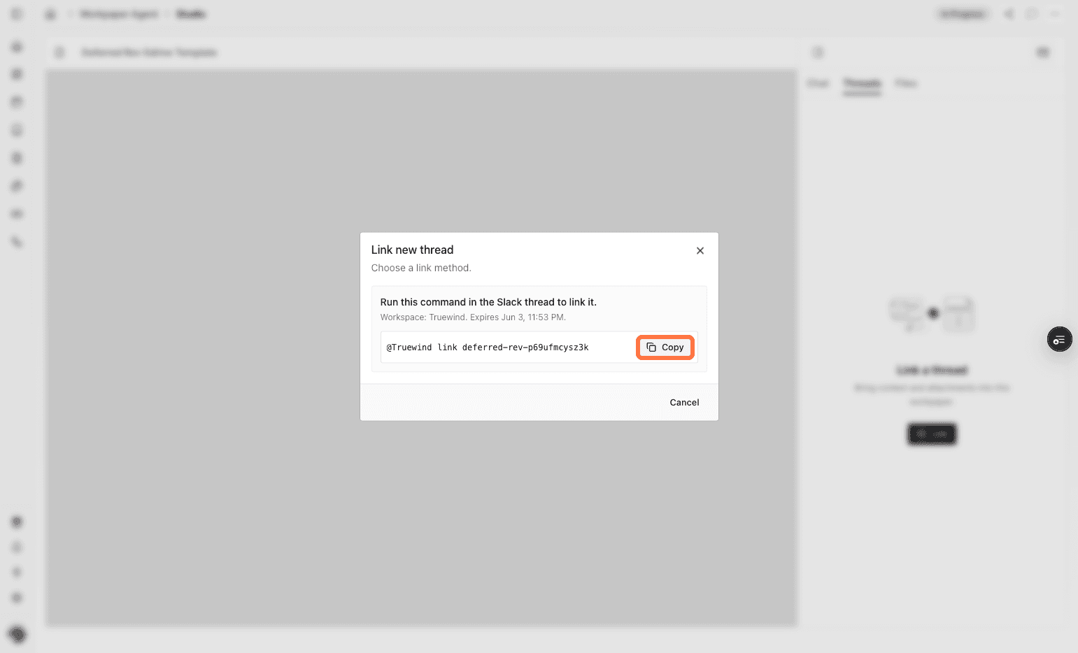 Screenshot showing the Copy button for the generated Slack link
