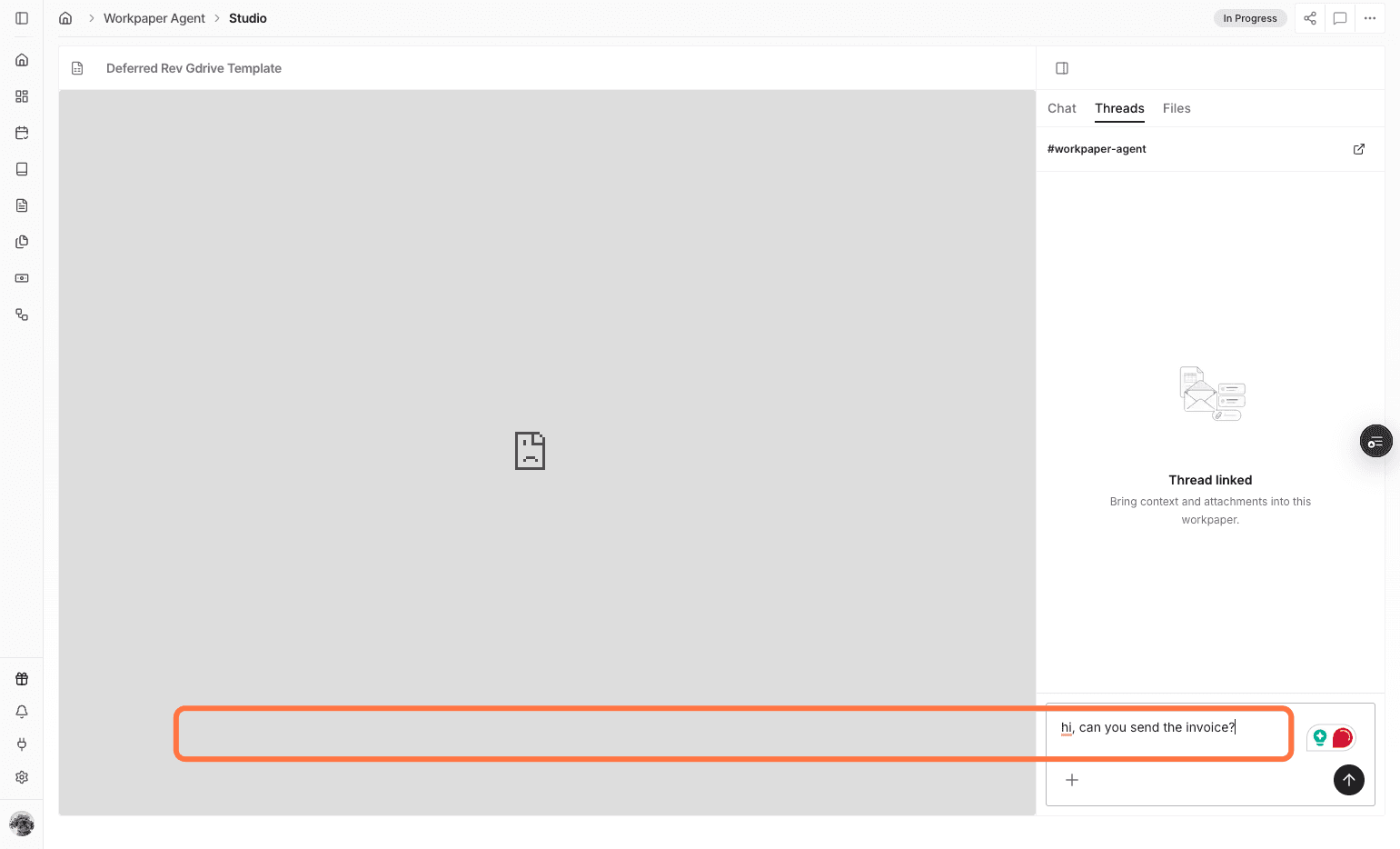 Screenshot showing a message being typed in Workpaper Agent Threads
