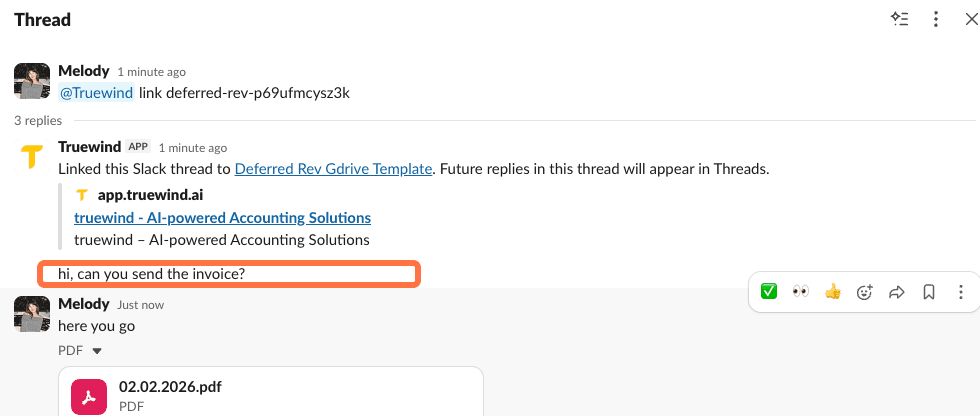 Screenshot showing the synced message in a Slack thread