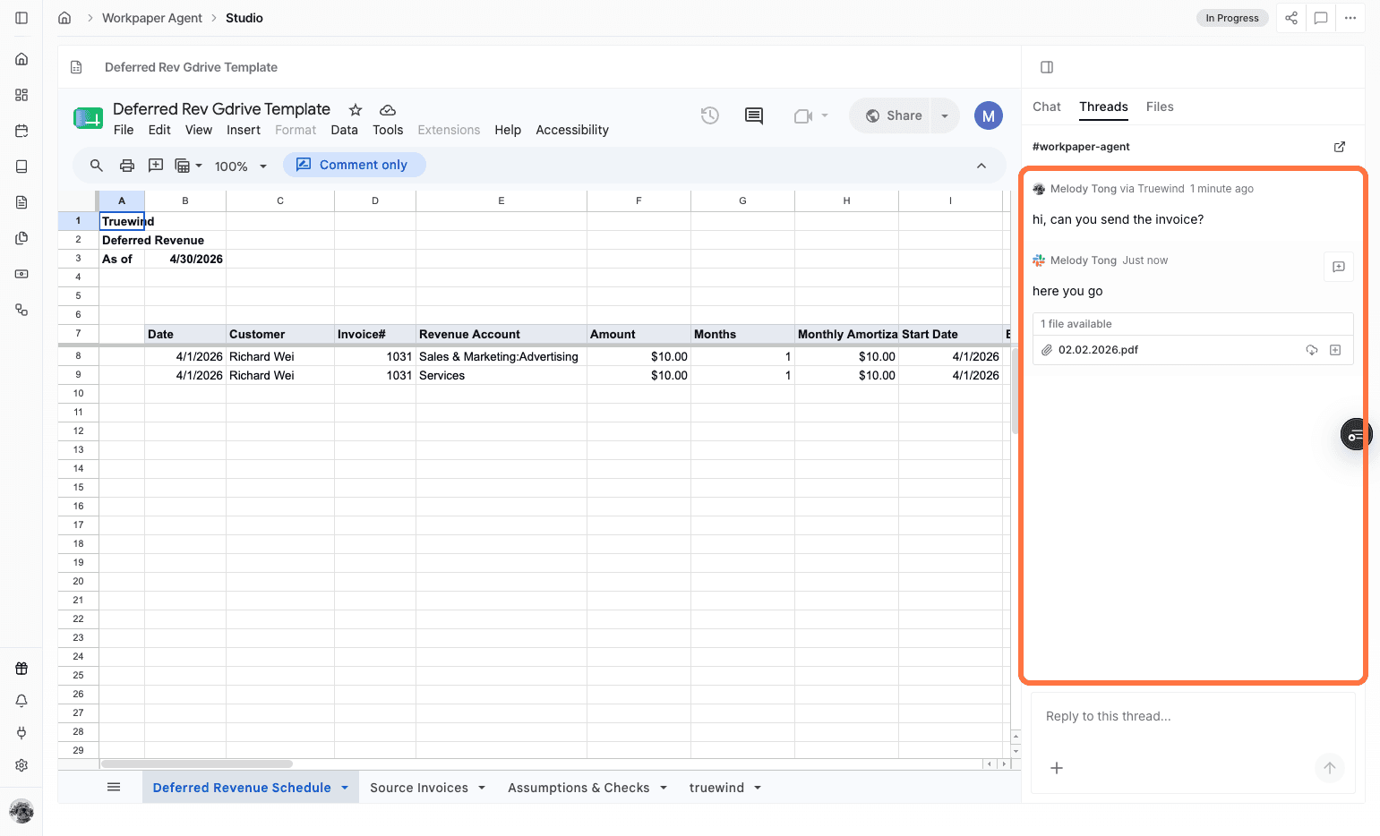 Screenshot showing the conversation thread messages panel