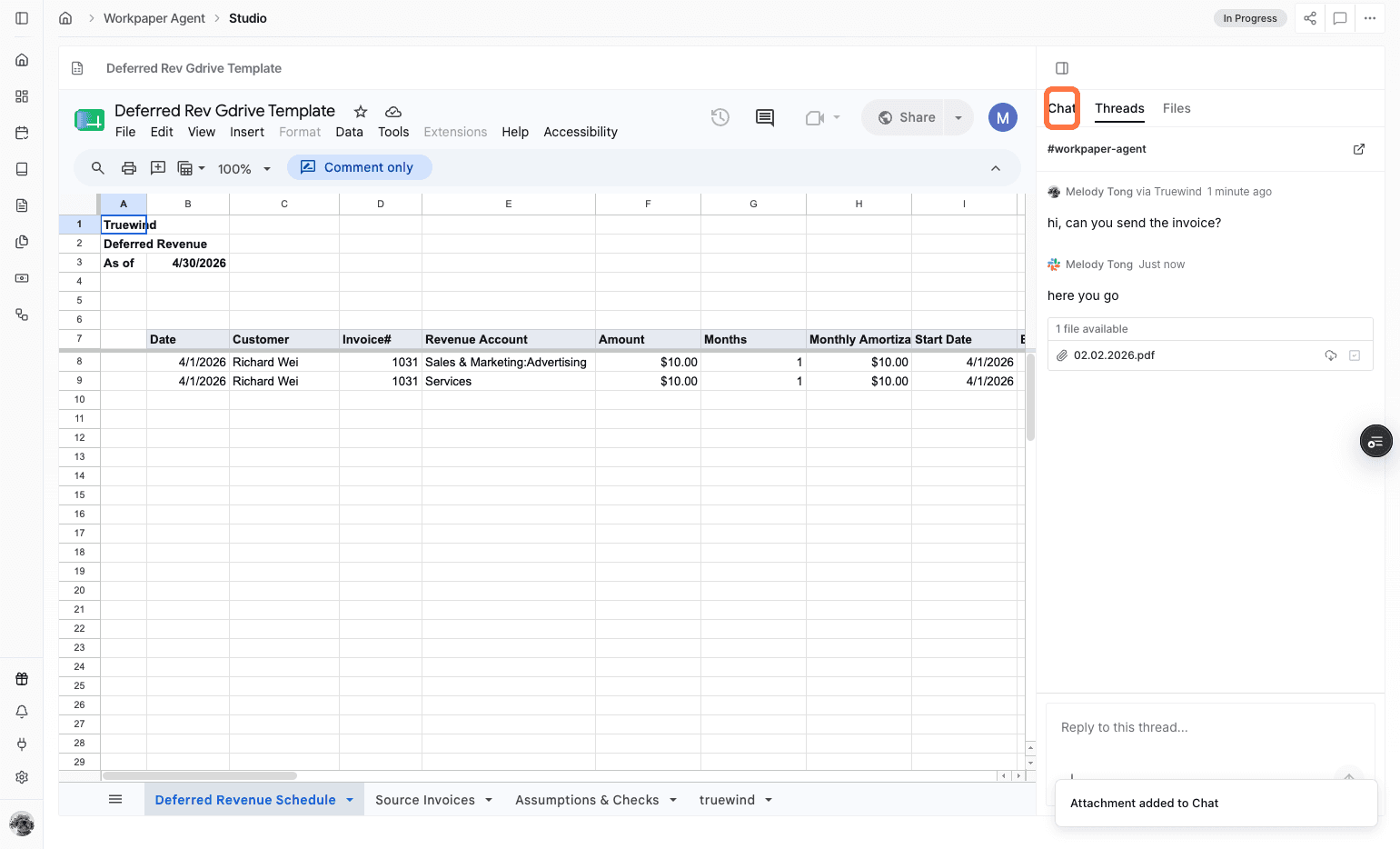 Screenshot showing the Chat tab in Workpaper Agent